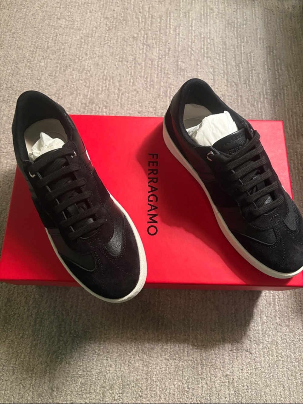 Salvatore Ferragamo NEW Men's Black Suede & Leather Sneakers with White Sole